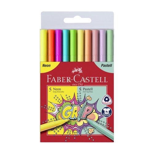 Flamastry Grip 5 Kol. Neonowych + 5 Kol. Pastelowych W Etui Faber-Castell